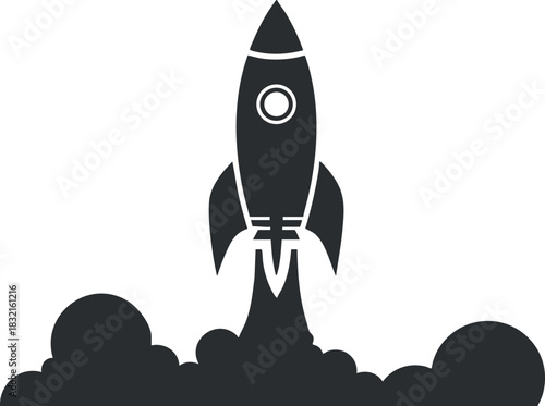 A rocket launching with smoke clouds in modern black and white vector style, ideal for technology and innovation themes