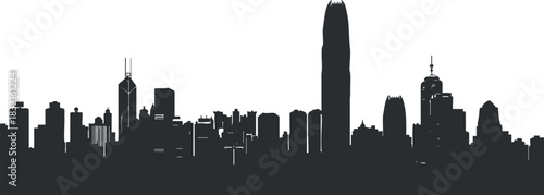 A city skyline silhouette featuring a variety of skyscrapers and buildings in black vector style, perfect for urban design projects