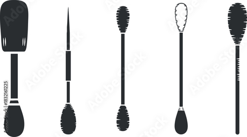 A set of cosmetic brushes and applicators in black silhouette vector style, ideal for beauty and fashion projects