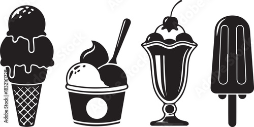 Collection of black and white ice cream desserts in a row