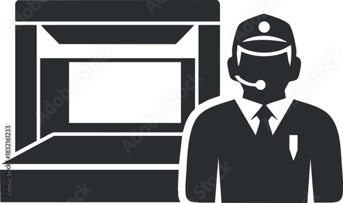A security guard monitoring a control panel in black and white outline vector style, ideal for safety and security themes