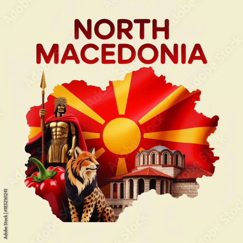 North Macedonia map illustration with national flag, ancient warrior statue, Balkan architecture, lynx and red pepper cultural travel design