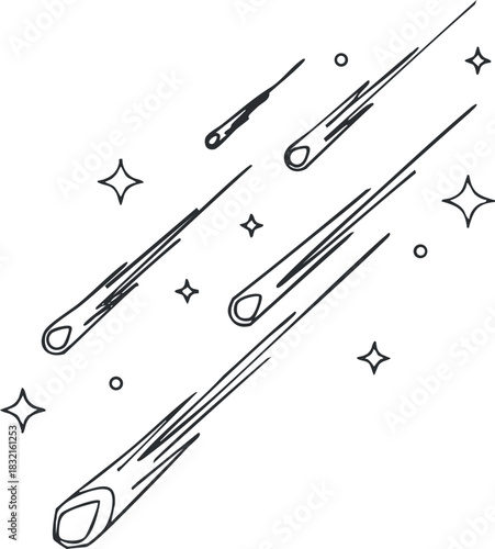 A collection of shooting stars and comets in minimalist outline vector style, perfect for space-themed designs