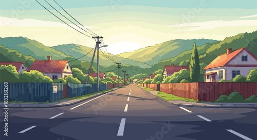 Cartoon-style illustration of a serene suburban road with houses, fences, and lush greenery set against a backdrop of rolling hills and a sunny sky.