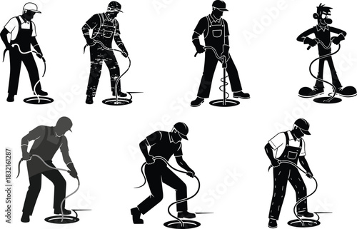Plumbers Using Drain Cleaning Equipment, Black-and-White Stylized Illustrations, Auger, Snake Tool, Pipe Maintenance, Unclogging Action, Work Poses, Artistic Variations, Utility Service
