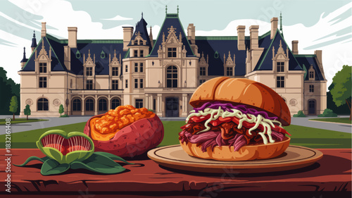 Gourmet pulled pork sandwich and Southern comfort food picnic in front of grand historic chateau, colorful vector illustration