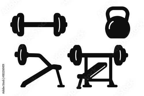 Fitness and weightlifting equipment silhouettes: dumbbell, kettlebell, and benches
