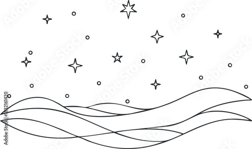 A flowing wave design with stars and dots in black outline minimalist vector style, suitable for decorative backgrounds and creative projects