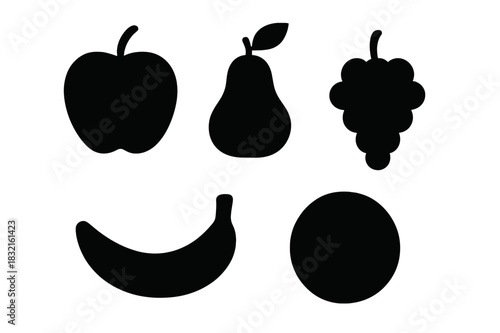 Black silhouette collection of common fruits including, pear, grapes, and banana shapes
