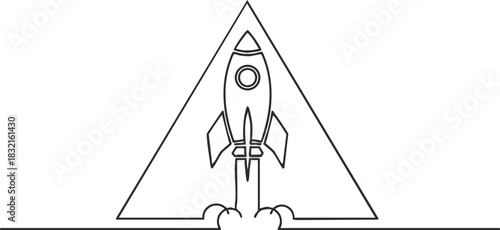 A minimalist outline illustration of a rocket launching from a triangular base in geometric vector style, suitable for technology and startup themes