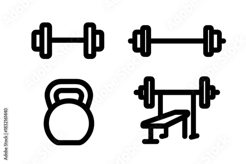 Outline icons set for gym and fitness equipment: dumbbell, barbell, kettlebell, weight bench