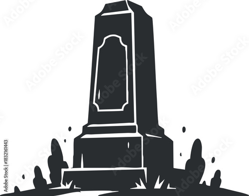 A tombstone with ornate design in black and white silhouette vector style, suitable for Halloween-themed projects or cemetery illustrations