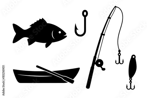 Set of fishing equipment icons including rod, reel, hook, lure, boat, and fish silhouette for outdoor sport and hobby