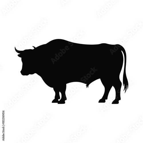 A black silhouette of a standing bull against a white background.