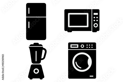 Modern household appliances: refrigerator, microwave, blender, and washing machine