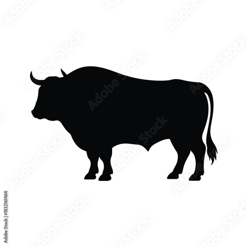 A black silhouette of a standing bull against a white background.
