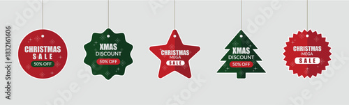 Festive Christmas sale badges in hanging star, circle, and tree shapes with colorful holiday decoration and promotional flair