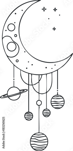 A minimalist outline illustration of a crescent moon and hanging planets with stars in modern vector style, perfect for nursery decor