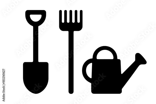 Set of basic gardening tools including shovel, hand rake, and watering can icons