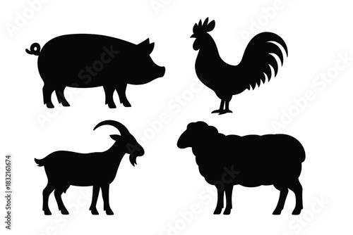 Set of black silhouettes depicting pig, rooster, goat, and sheep farm animals