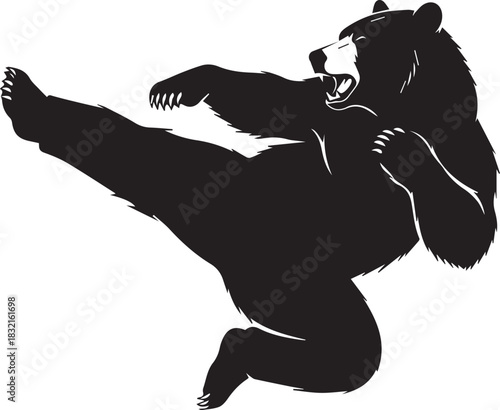 Silhouette of a bear performing a dynamic martial arts kick