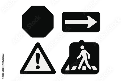 Black and white road safety signs set including stop, warning, direction, and pedestrian crossing symbols