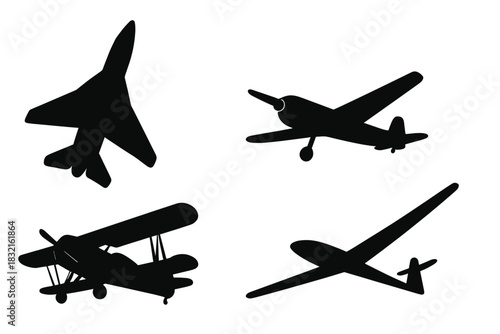 Silhouettes of various flying machines including fighter aircraft, biplane, light plane, and glider