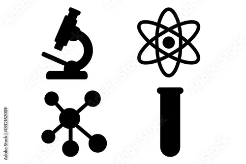 Essential scientific symbols: microscope, atom, molecule, and test tube icons for research and education