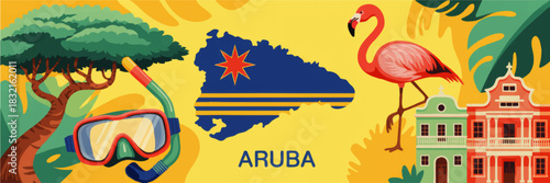 Colorful Aruba travel banner with island map, flamingo, snorkeling gear, divi divi tree and Dutch colonial buildings illustration