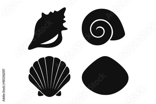 Assortment of four black sea shells and spiral snail shell shapes