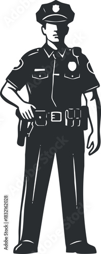 A police officer in black and white vector style, ideal for law enforcement and public safety designs