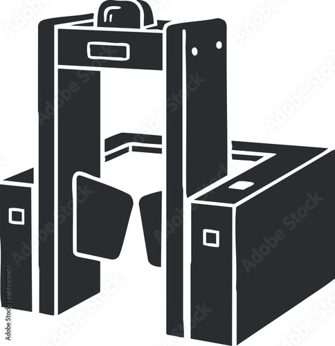 A luggage scanner at an airport security checkpoint in black and white minimalist vector style, suitable for travel and safety designs