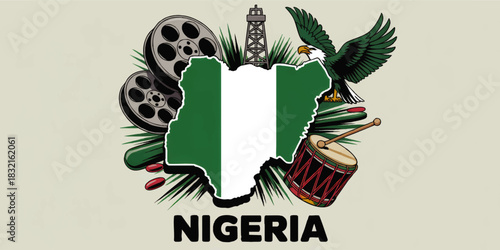 Nigeria culture illustration with map flag, Nollywood film reel, oil rig, eagle and African drum on light background
