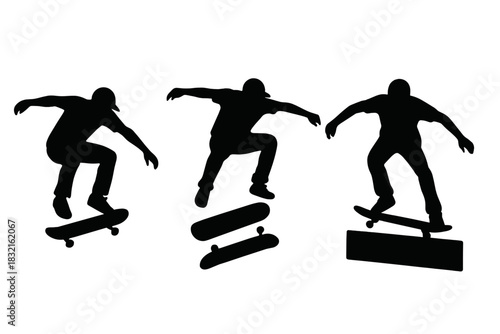 Dynamic silhouettes of skateboarders performing various tricks and jumps in action poses