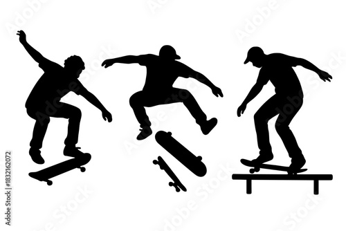 Dynamic silhouettes of young skateboarders performing various extreme tricks and jumps