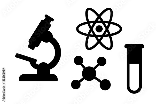 Detailed science and research icons featuring laboratory equipment and molecular structures