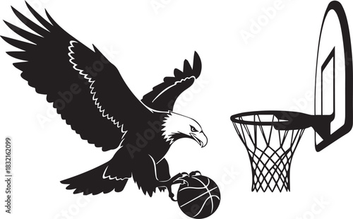 Eagle flying with basketball towards hoop