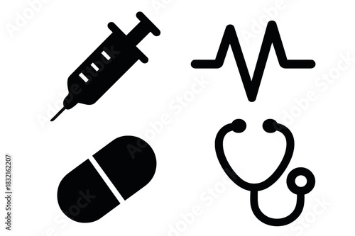 Essential medical icons set including syringe, heartbeat, capsule, and stethoscope symbols