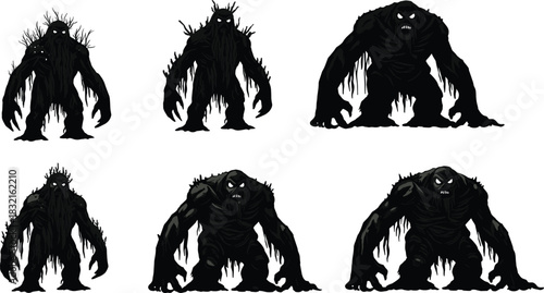 Shadow Monster Silhouettes with Glowing Eyes and Jagged Limbs, Dark Fantasy Creatures, Stylized Poses, Horror Theme, Black Figures, Concept Art