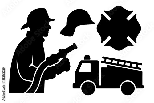 Black silhouettes of fire rescue service elements including a fireman, emergency vehicle, and department symbol