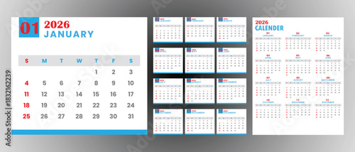 Calendar and planner 2026 year, schedule month calender, European organizer template. Week starts on Monday. Business personal page. Modern simple dairy. Vector illustration 