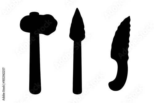 Primitive stone age hunting and survival tools silhouettes on white