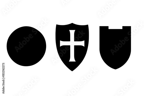 Set of simple black and white medieval shield shapes and protective emblems with a cross symbol