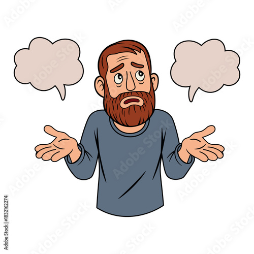 Stressed man thinking with thought bubble cartoon illustration