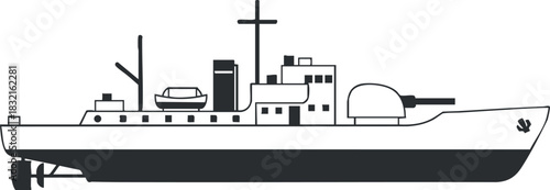 A detailed illustration of a cargo ship in black and white outline vector style, suitable for maritime projects and design