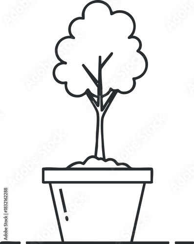 A potted tree illustration in minimalist outline vector style, ideal for gardening and home decor projects