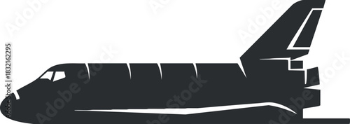 A silhouette of a space shuttle in black and white minimalist vector style, suitable for aerospace and technology projects