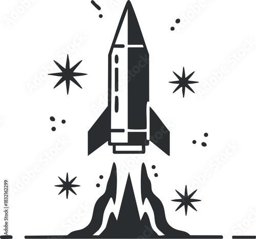 A rocket launching into space with stars and dynamic motion in black and white modern vector style, suitable for technology and exploration themes