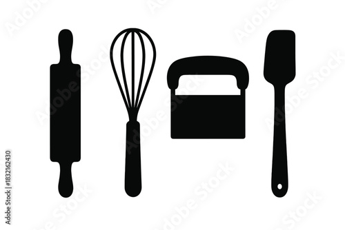 Essential baking tools silhouettes including rolling pin, whisk, dough scraper, and spatula