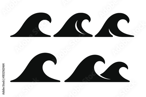 Set of six stylized black silhouette icons representing ocean waves and water symbols